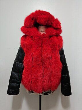 NewReal Fox Fur SheepskinLamb Leather Puffer Moto Racer Biker Jacket Holiday Red